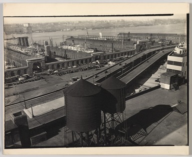 Berenice Abbott (American, 1898-1991). <em>West Side Express Highway and Piers 95-98</em>, November 10, 1937. Gelatin silver photograph, image: 7 x 9 5/8 in. (17.8 x 24.4 cm). Brooklyn Museum, Brooklyn Museum Collection, X858.40 (Photo: , X858.40_PS9.jpg)