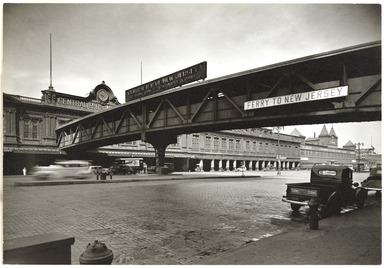 Berenice Abbott (American, 1898-1991). <em>Ferry, Central Railroad of New Jersey</em>, March 23, 1938. Gelatin silver photograph, sheet: 6 1/2 x 9 3/8 in. (16.5 x 23.8 cm). Brooklyn Museum, Brooklyn Museum Collection, X858.69 (Photo: , X858.69_PS9.jpg)