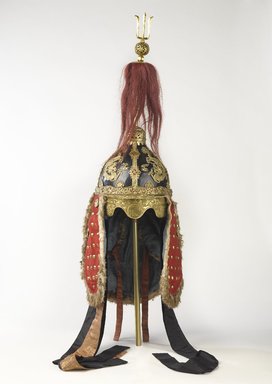  <em>Suit of Armor (Helmet and Coat)</em>, 19th century. Leather, lacquer, gilt-copper, suede, silk brocade, wool, fur, Helmet (a): 32 1/2 x 8 1/2 in. (82.6 x 21.6 cm). Brooklyn Museum, Brooklyn Museum Collection, X957.1a-b. Creative Commons-BY (Photo: Brooklyn Museum, X957.1a_front_PS9.jpg)