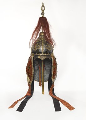  <em>Suit of Armor (Helmet and Coat)</em>, 18th-19th century. Silver, gilt-copper, leather, lacquer, nephrite jade, suede, silk brocade, horsehair, fur, velvet, helmet: 27 in. (68.6 cm). Brooklyn Museum, Museum Collection Fund, 22.1971a-b. Creative Commons-BY (Photo: Brooklyn Museum, X957.2a_front_PS9.jpg)