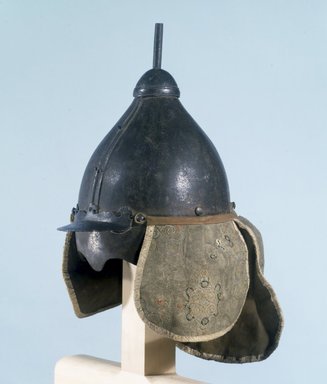  <em>Helmet</em>, 19th century. Steel, suede, snakeskin, 19 x 8 1/4 in. (48.3 x 21 cm), bowl height: 13 in. (33 cm). Brooklyn Museum, Brooklyn Museum Collection, X957.5. Creative Commons-BY (Photo: Brooklyn Museum, X957.5_transp4590.jpg)