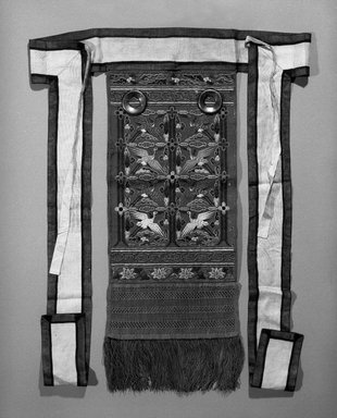  <em>Rear Embroidered Panel (Husu)</em>, 19th century. Silk, gilt-copper, 30 1/2 x 11 1/4 x 27 9/16 in. (77.5 x 28.6 x 70 cm). Brooklyn Museum, Brooklyn Museum Collection, X961. Creative Commons-BY (Photo: Brooklyn Museum, X961_bw.jpg)