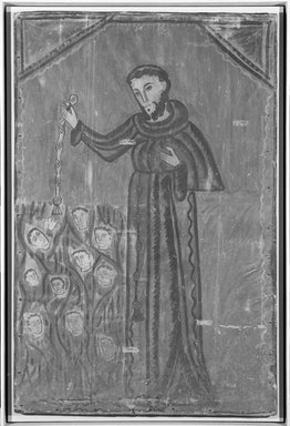 Molleno. <em>Saint Francis Rescuing Souls from Purgatory</em>, ca. 1805-1850. Indian tanned hide, water-based paints, leather mounted on wood strainer. NOT FRAMED: . Brooklyn Museum, Brooklyn Museum Collection, X594 (Photo: Brooklyn Museum, x594_bw.jpg)