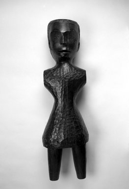 Gwa'sala Kwakwaka'wakw. <em>Figure of a Standing Female Used in a Potlatch</em>, late 19th-early 20th century. Wood, beads, 44 x 12 x 9 in. (111.8 x 30.5 x 22.9 cm). Brooklyn Museum, Brooklyn Museum Collection, X726. Creative Commons-BY (Photo: Brooklyn Museum, x726_bw.jpg)