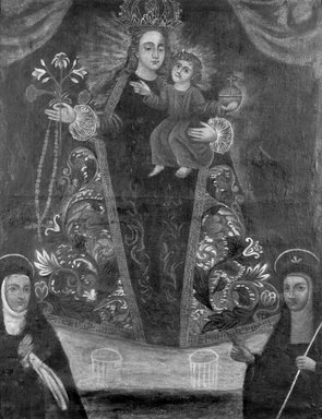 Peruvian. <em>Nuestra Senora del Rosario (Virgin of the Rosary with Worshipers)</em>, 18th century. Oil on fabric, framed: 39 1/4 x 31 1/4 in. (99.7 x 79.4 cm). Brooklyn Museum, Brooklyn Museum Collection, X797 (Photo: Brooklyn Museum, x797_bw.jpg)