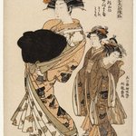 Azumaya, a Yoshiwara Beauty of the Tea House Matsu Hanaya Followed by Two Attendants