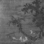 Fishermen on Boats Seen through Willow Trees
