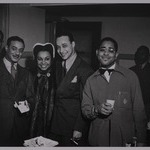 Lois Miller, Cholly Atkins, Donald Mills, Avis Andrews, Louis Brown, Dizzy Gillespie, and Keg Johnson, backstage, Earle Theater, Philadelphia