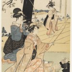 Young Samurai and Female Attendants Practicing Archery, Half of a Diptych