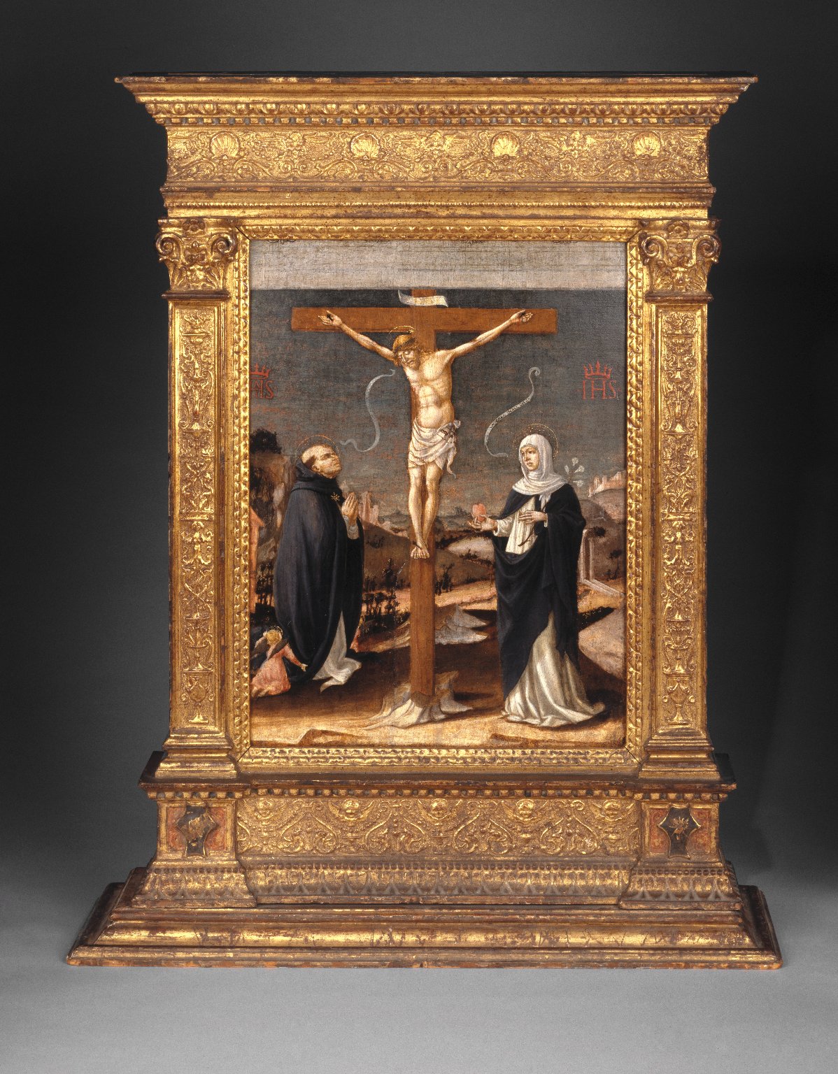 Christ on the Cross Adored by Saints Thomas Aquinas and Catherine of Siena (1490, Italy) by Lorenzo d'Alessandro da San Severino - Public Domain Catholic Painting
