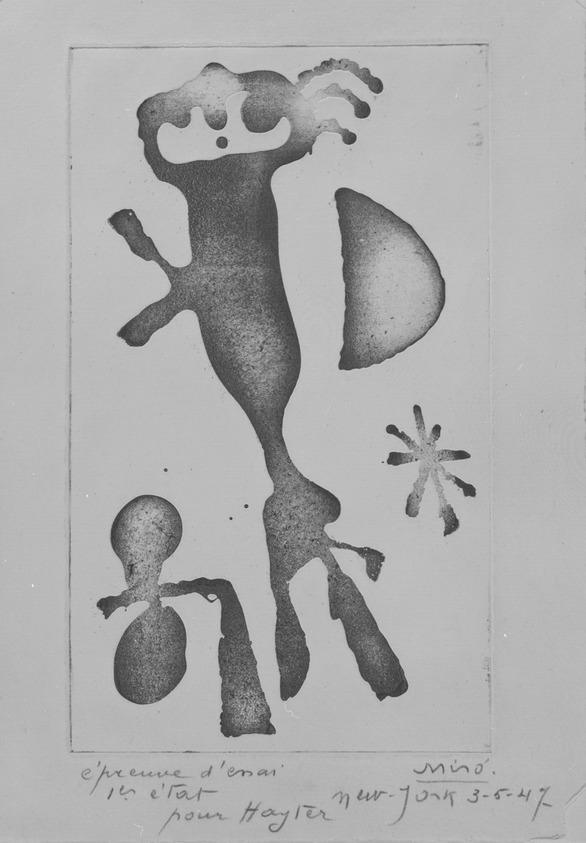 Joan Miró (Spanish, 1893-1983). <em>Untitled</em>, 1947. Relief etching on paper, Sheet: 8 3/4 x 5 7/8 in. Brooklyn Museum, Purchased with funds given by Karen B. Cohen, 1990.48. © artist or artist's estate (Photo: Brooklyn Museum, 1990.48_bw.jpg)