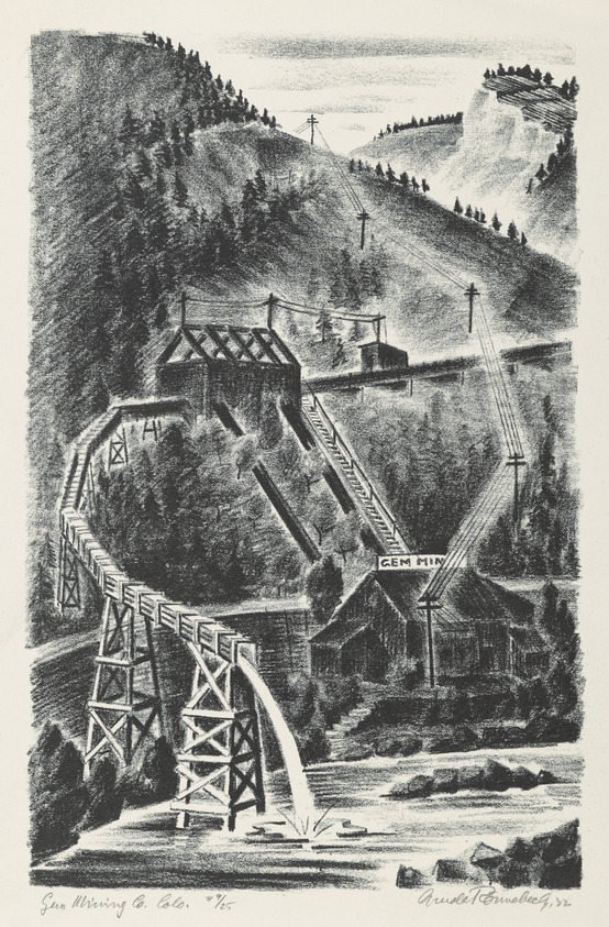 Arnold Ronnebeck (American, 1885–1947). <em>Gem Mining Co., Colorado</em>, 1932. Lithograph on wove paper, Image: 13 9/16 x 8 7/8 in. (34.5 x 22.5 cm). Brooklyn Museum, Gift of Gertrude W. Dennis, 1991.153.28. © artist or artist's estate (Photo: Brooklyn Museum, 1991.153.28_PS6.jpg)