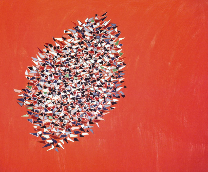 Robert Goodnough (American, 1917– 2010). <em>Cluster on Red</em>, 1980. Acrylic and oil on canvas, 50 × 60 in. (127 × 152.4 cm). Brooklyn Museum, Gift of Mr. and Mrs. Leo I. Higdon, Jr., 1991.274.2. © artist or artist's estate (Photo: Brooklyn Museum, 1991.274.2_transpc001.jpg)