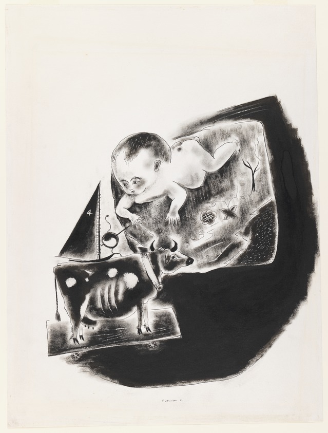 Yasuo Kuniyoshi (American, born Japan, 1889-1953). <em>Baby and Toy Cow</em>, 1921. Black ink on off-white, moderately thick, moderately textured wove paper, Sheet: 14 1/2 x 10 7/8 in. (36.8 x 27.6 cm). Brooklyn Museum, Bequest of Edith and Milton Lowenthal, 1992.11.22. © artist or artist's estate (Photo: Brooklyn Museum, 1992.11.22_IMLS_PS3.jpg)