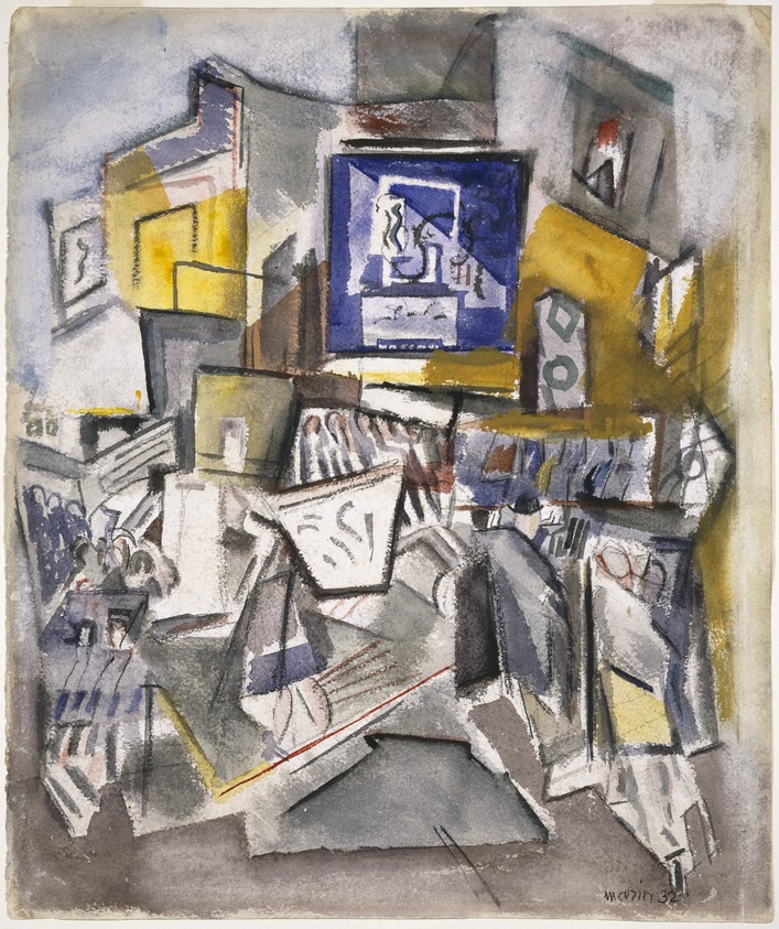 John Marin (American, 1870-1953). <em>Street Movement, New York City</em>, 1932. Transparent and opaque watercolor, black conté crayon and graphite on off-white, thick, rough wove paper, 26 1/8 x 21 3/4 in. (66.4 x 55.2 cm). Brooklyn Museum, Bequest of Edith and Milton Lowenthal, 1992.11.25. © artist or artist's estate (Photo: Brooklyn Museum, 1992.11.25_SL1.jpg)