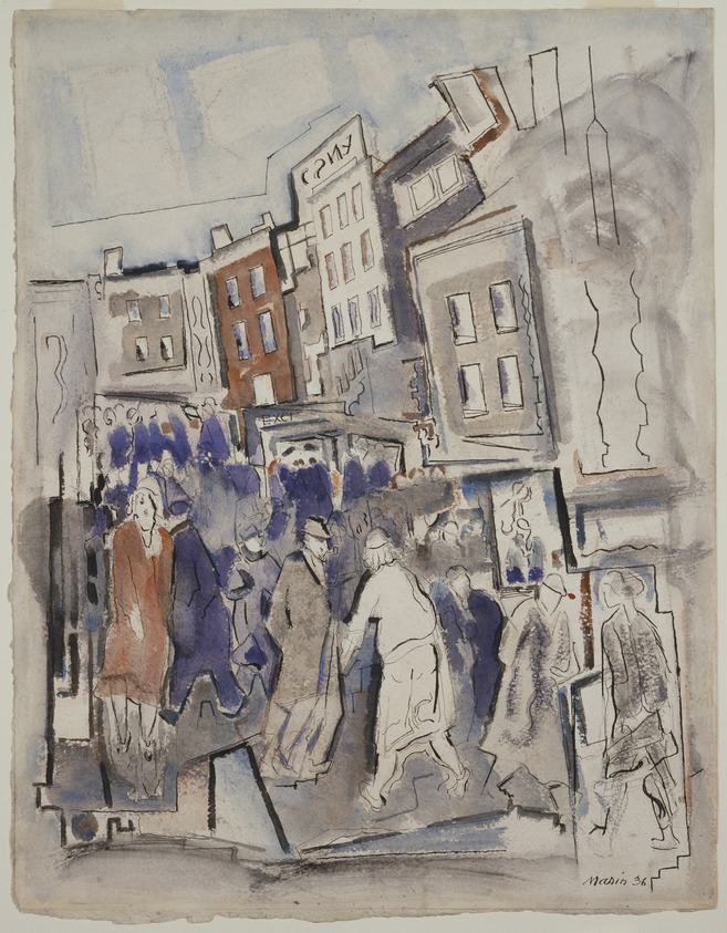 John Marin (American, 1870-1953). <em>Movement, Nassau Street, No. 2</em>, 1936. Black ink and watercolor with graphite pencil underdrawing on medium weight, wove paper with textured surface, 26 5/8 x 20 1/2 in. (67.6 x 52.1 cm). Brooklyn Museum, Bequest of Edith and Milton Lowenthal, 1992.11.26. © artist or artist's estate (Photo: Brooklyn Museum, 1992.11.26_SL3.jpg)