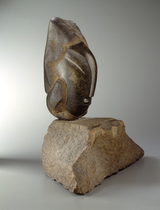 Jose de Creeft (American, born Spain, 1884-1982). <em>Iberica</em>, 1938. Stone, head of black porphory (?) and base of red granite (?), Overall: 24 7/16 x 23 3/4 x 14 1/8 in. (62.1 x 60.3 x 35.9 cm). Brooklyn Museum, Bequest of Edith and Milton Lowenthal, 1992.11.7a-c. © artist or artist's estate (Photo: Brooklyn Museum, 1992.11.7a-c_view2_SL4.jpg)