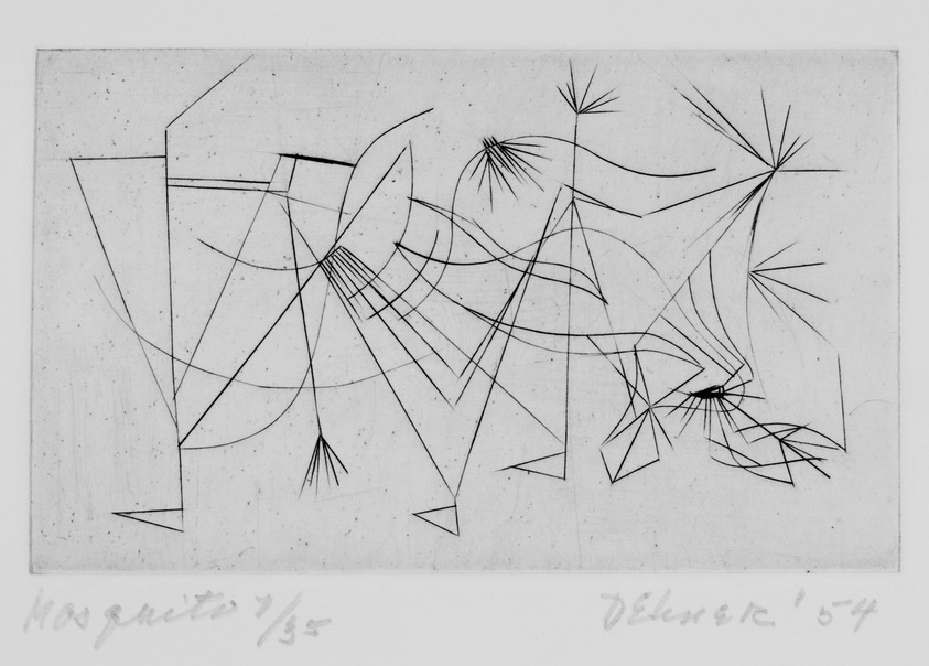 Dorothy Dehner (American, 1908-1994). <em>Mosquito</em>, 1954. Engraving, Sheet: 10 x 11 3/4 in. (25.4 x 29.8 cm). Brooklyn Museum, Gift of Dr. and Mrs. Arthur E. Kahn, 1992.183.2. © artist or artist's estate (Photo: Brooklyn Museum, 1992.183.2_bw.jpg)