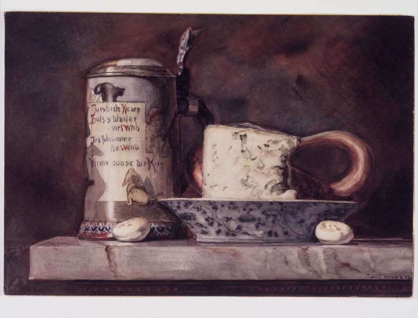 George Thompson Hobbs. <em>Still Life with Cheese and Stein</em>. Watercolor, gouache, and gum over pencil on wove paper Brooklyn Museum, Dick S. Ramsay Fund, 1992.214. © artist or artist's estate (Photo: Brooklyn Museum, 1992.214_transp475.jpg)