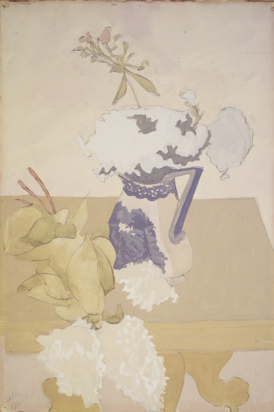 Sally Avery (American, 1902-2002). <em>White Flowers, Blue Vase</em>. Watercolor on paper, 11 x 15 inches. Brooklyn Museum, Bequest of Ivor Green and Augusta Green, 1992.271.17. © artist or artist's estate (Photo: Brooklyn Museum, 1992.271.17_transpc002.jpg)