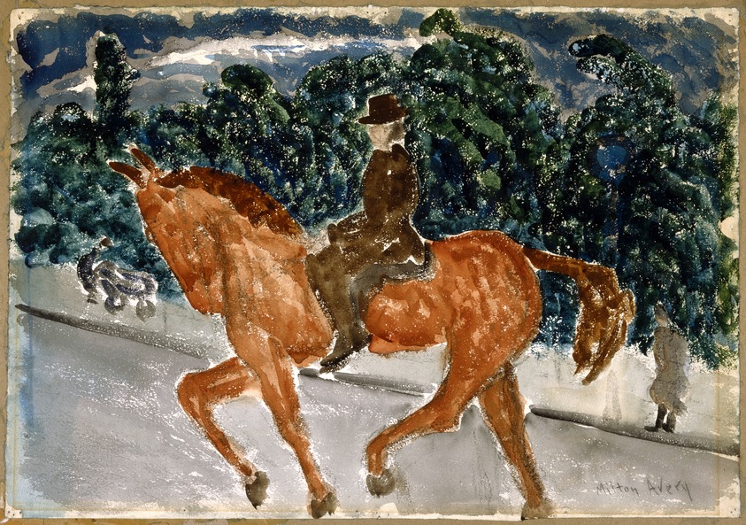 Milton Avery (American, 1885-1965). <em>Rider in Central Park</em>, early 1930s. Watercolor with charcoal underdrawing on cream, moderately thick, rough-textured paper mounted to pulpboard, Sheet: 15 1/4 x 22 1/16 in. (38.7 x 56 cm). Brooklyn Museum, Bequest of Ivor Green and Augusta Green, 1992.271.9. © artist or artist's estate (Photo: Brooklyn Museum, 1992.271.9_SL1.jpg)