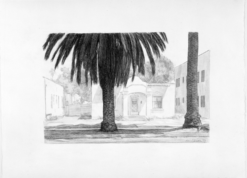 Robert Ginder (American, born 1948). <em>Study for Scene with Palm Trees</em>, 1993. Wash and graphite on paper, sheet: 15 x 20 1/4 in. (38.1 x 51.4 cm). Brooklyn Museum, Gift of the artist and the New York Foundation for the Arts, 1993.164. © artist or artist's estate (Photo: Brooklyn Museum, 1993.164_bw.jpg)