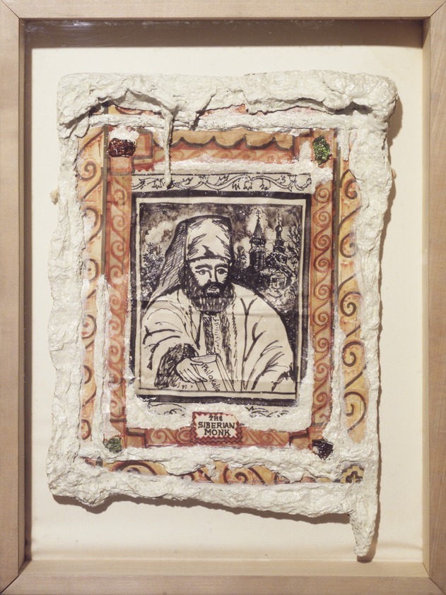 Thomas Lanigan-Schmidt. <em>The Siberian Monk and Philokalia</em>, 1976. Mixed media in a wood box covered with plexiglass, overall box: 21 x 15 3/4 x 3 in. Brooklyn Museum, Given in honor of Ani Simon-Kennedy, Kira Simon-Kennedy, and Asher Lethbridge-Simon, 1993.215. © artist or artist's estate (Photo: Brooklyn Museum, 1993.215_transpc002.jpg)