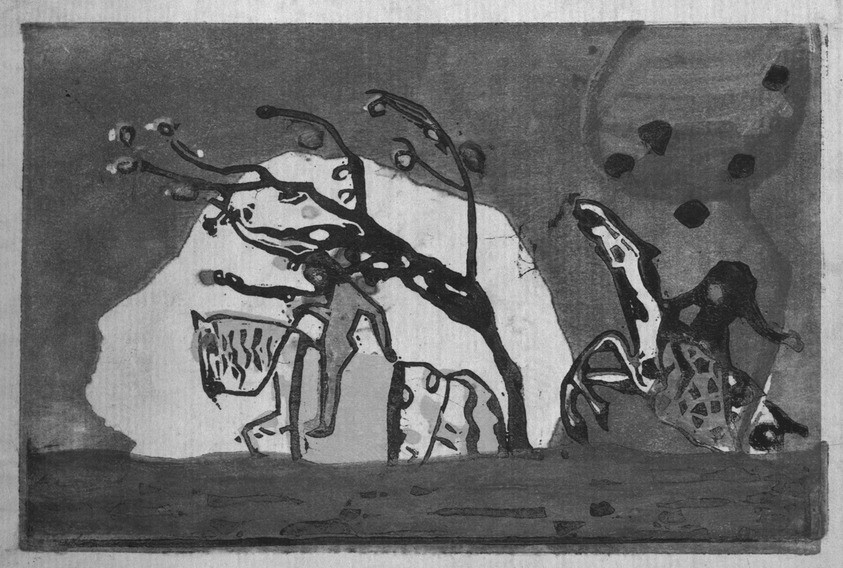 Vasily Kandinsky (Russian, 1866-1944). <em>Zwei Reiter vor Rot (Two Riders Against a Red Backround)</em>, 1911. Color woodcut on laid paper, Sheet: 6 × 7 11/16 in. (15.2 × 19.5 cm). Brooklyn Museum, Gift of the Benjamin family in memory of Robert S. Benjamin, 1993.217.3. © artist or artist's estate (Photo: Brooklyn Museum, 1993.217.3_bw.jpg)