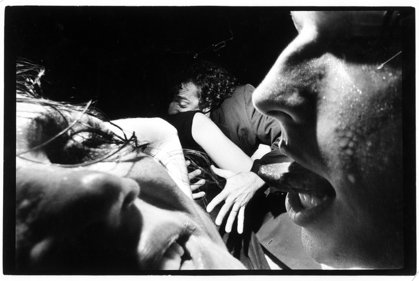 Michael Ackerman (American, born Israel, 1967). <em>Two Couples Dancing at the Roxy</em>, 1991. Gelatin silver photograph, image: 12 1/4 x 18 3/4 in. (31.1 x 47.6 cm). Brooklyn Museum, Purchased with funds given by the Horace W. Goldsmith Foundation, Harry Kahn, and Mrs. Carl L. Selden, 1994.128.1. © artist or artist's estate (Photo: Brooklyn Museum, 1994.128.1_bw.jpg)