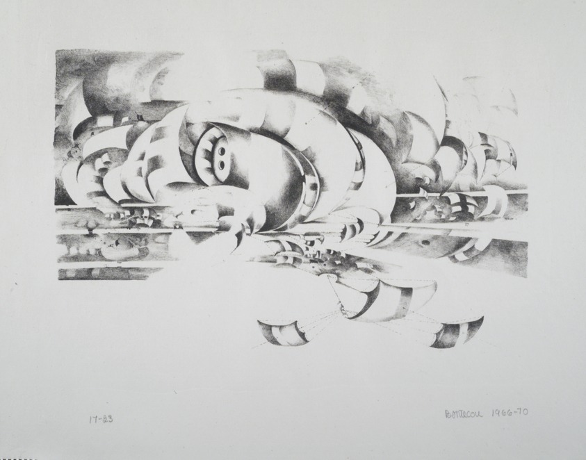 Lee Bontecou (American, 1931-2022). <em>Eleventh Stone</em>, 1966-1970. Lithograph on paper, 21 5/16 x 28 7/8 in. Brooklyn Museum, Gift of Alexander Liberman, 1994.215.1. © artist or artist's estate (Photo: Brooklyn Museum, 1994.215.1_transpc001.jpg)