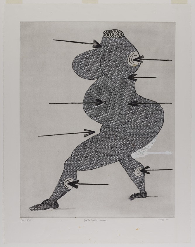Louise Bourgeois (French-American, 1911-2010). <em>Tapestry, working proof</em>, 1994. Photo reproduction and etching on paper, Image: 38 11/16 x 30 9/16 in. (98.2 x 77.7 cm). Brooklyn Museum, Gift of the artist, 1995.33.1. © artist or artist's estate (Photo: Brooklyn Museum, 1995.33.1_PS20.jpg)