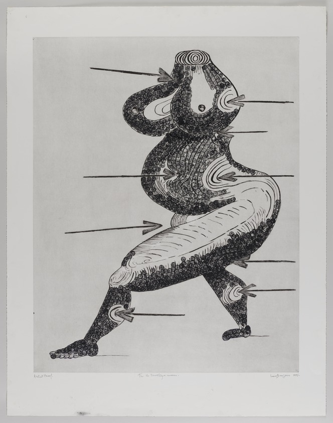 Louise Bourgeois (French-American, 1911-2010). <em>Tapestry, trial proof</em>, 1995. Drypoint and etching on paper, Sheet: 47 3/8 x 37 in. (120.3 x 94 cm). Brooklyn Museum, Gift of the artist, 1995.33.2. © artist or artist's estate (Photo: Brooklyn Museum, 1995.33.2_PS20.jpg)