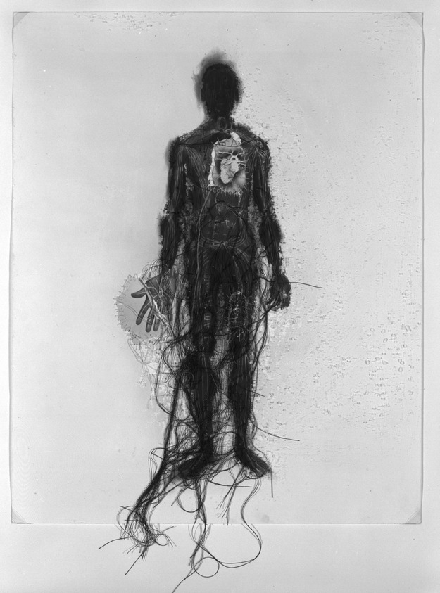 Lesley Dill (American, born 1950). <em>Poem Body (I Am Afraid to Own a Body)</em>, 1995. Unique gelatin silver photograph, collaged fragments of photographs, thread, and charcoal, 19 13/16 x 15 15/16 in. (50.2 x 40.5 cm). Brooklyn Museum, Robert A. Levinson Fund, 1996.102. © artist or artist's estate (Photo: Brooklyn Museum, 1996.102_bw.jpg)