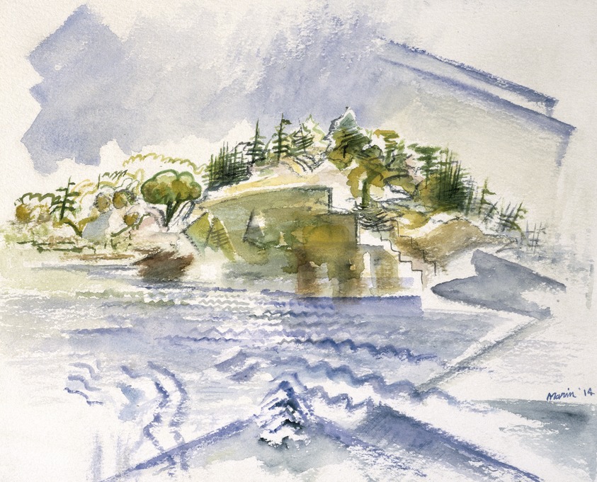 John Marin (American, 1870-1953). <em>Deer Isle</em>, 1914. Watercolor on white, very thick, rough textured wove paper, 15 1/16 x 19 in. (38.3 x 48.3 cm). Brooklyn Museum, Bequest of Mrs. Carl L. Selden, 1996.150.3. © artist or artist's estate (Photo: Brooklyn Museum, 1996.150.3_cropped_SL1.jpg)