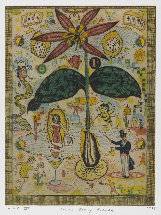 Tony Fitzpatrick (American, born 1958). <em>Vegas Penny Flower</em>, 1995. Copper plate etching with chine colle, Sheet: 15 x 18 in. (38.1 x 45.7 cm). Brooklyn Museum, Robert A. Levinson Fund, 1996.151. © artist or artist's estate (Photo: Brooklyn Museum, 1996.151_PS2.jpg)