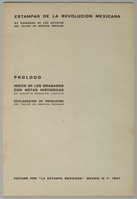 Taller de Gráfica Popular (founded Mexico City, 1937). <em>Title and Colophon Page</em>, 1947. Relief print on paper, sheet (folio): 15 3/4 x 10 3/4 in. (40 x 27.3 cm). Brooklyn Museum, Emily Winthrop Miles Fund, 1996.152.65. © artist or artist's estate (Photo: Brooklyn Museum, 1996.152.65_front_PS20.jpg)