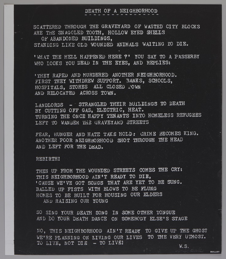 Will Sales. <em>Death of a Neighborhood</em>, 1988–1992. Silkscreen, sheet: 23 x 20 in. (58.4 x 50.8 cm). Brooklyn Museum, Emily Winthrop Miles Fund, 1996.188.29. © artist or artist's estate (Photo: Brooklyn Museum, 1996.188.29_PS20.jpg)