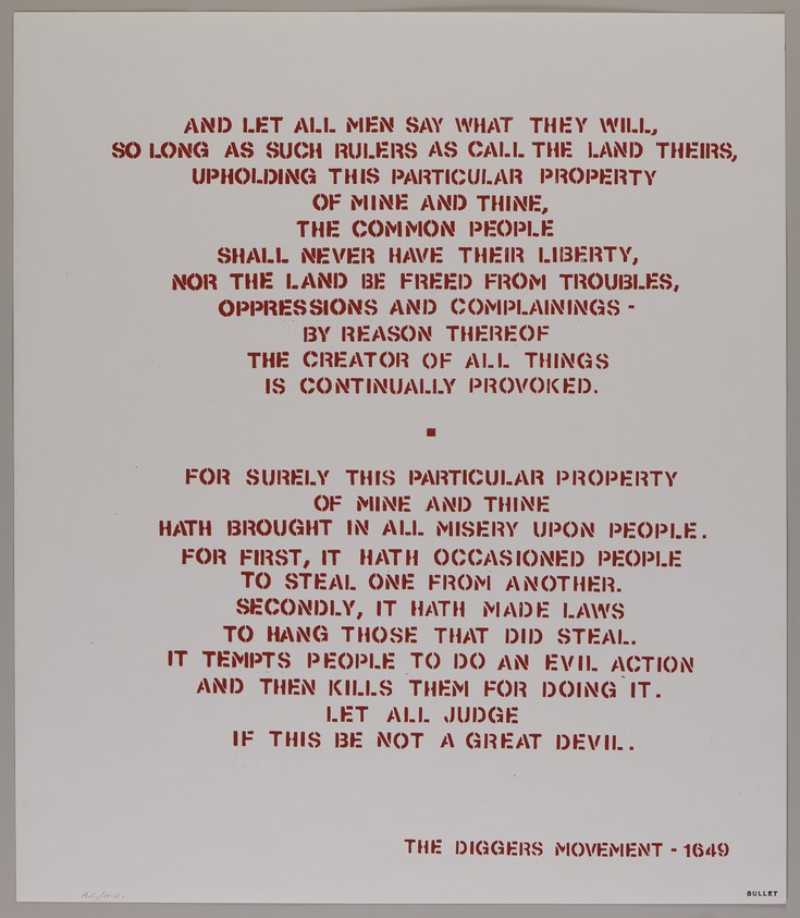 Nadia Coen. <em>Diggers Manifesto 1649</em>, 1988-1992. Silkscreen, sheet: 23 x 20 in. (58.4 x 50.8 cm). Brooklyn Museum, Emily Winthrop Miles Fund, 1996.188.32. © artist or artist's estate (Photo: Brooklyn Museum, 1996.188.32_PS20.jpg)