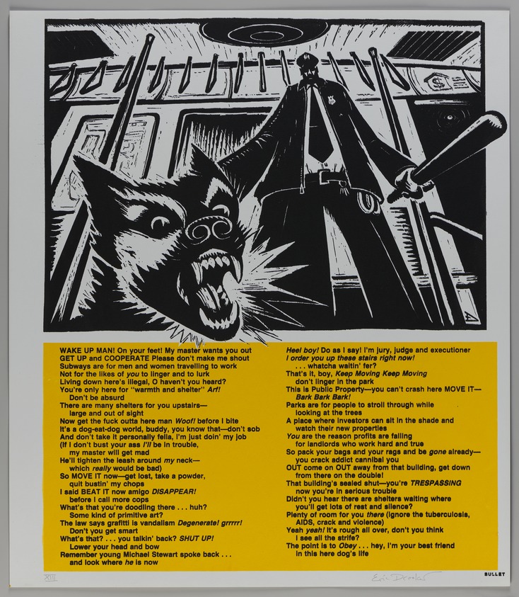 Eric Drooker (American, born 1958). <em>Wake Up Man</em>, 1988-1992. Silkscreen, sheet: 23 x 20 in. (58.4 x 50.8 cm). Brooklyn Museum, Emily Winthrop Miles Fund, 1996.188.4. © artist or artist's estate (Photo: Brooklyn Museum, 1996.188.4_PS20.jpg)
