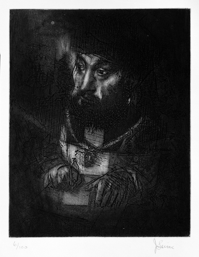 Jack Levine (American, 1915-2010). <em>Maimonides 1 (State Two)</em>, 1963-1964. Etching and aquatint, Image: 9 5/8 x 7 3/4 in. (24.4 x 19.7 cm). Brooklyn Museum, Gift of Peter R. Blum, 1996.223.11. © artist or artist's estate (Photo: Brooklyn Museum, 1996.223.11_bw.jpg)