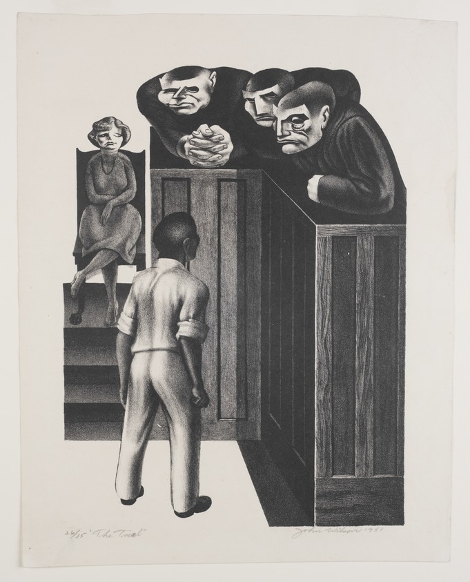 John Wilson (American, born 1922). <em>The Trial</em>, 1951. Lithograph on cream-colored wove paper, sheet: 16 1/16 x 12 3/4 in. (40.8 x 32.4 cm). Brooklyn Museum, Emily Winthrop Miles Fund, 1996.47.3. © artist or artist's estate (Photo: Brooklyn Museum, 1996.47.3_PS11.jpg)