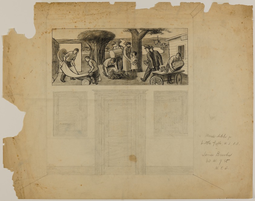 James Brooks (American, 1906-1992). <em>[Untitled] ("Mural Sketch for Little Falls, NJ Post Office")</em>, n.d. Ink, charcoal and graphite on paper, Sheet: 18 7/8 x 23 7/8 in. (47.9 x 60.6 cm). Brooklyn Museum, Gift of Charlotte Park Brooks in memory of her husband, James David Brooks, 1996.54.11. © artist or artist's estate (Photo: Brooklyn Museum, 1996.54.11_PS20.jpg)