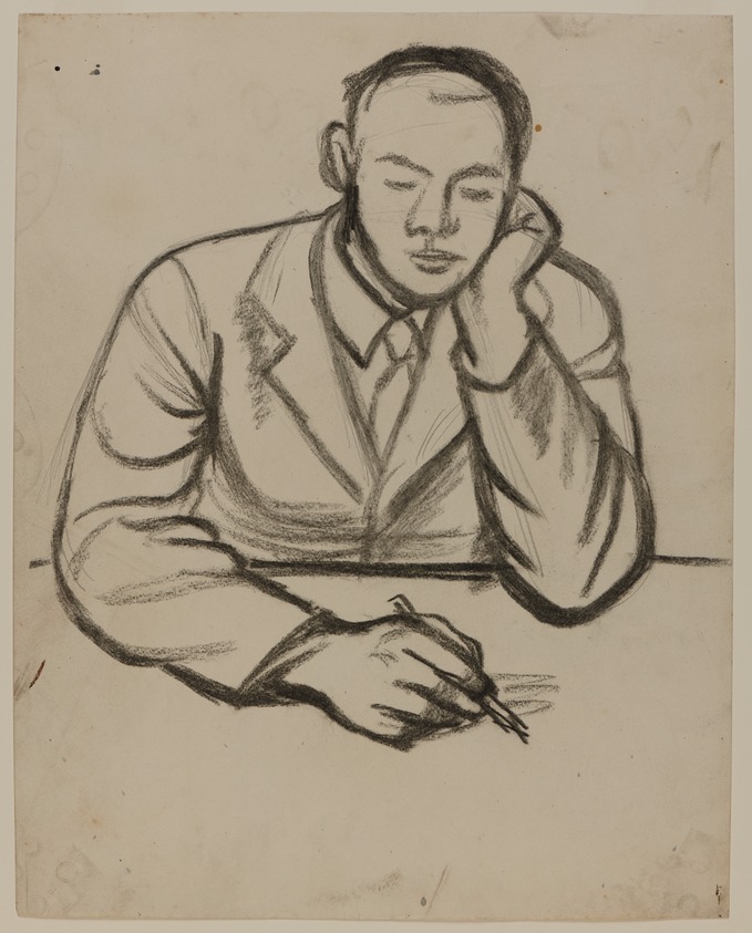 James Brooks (American, 1906-1992). <em>[Untitled] (Man Seated Writing)</em>, n.d. Charcoal on paper, Sheet: 17 15/16 x 14 3/16 in. (45.6 x 36 cm). Brooklyn Museum, Gift of Charlotte Park Brooks in memory of her husband, James David Brooks, 1996.54.45. © artist or artist's estate (Photo: Brooklyn Museum, 1996.54.45_PS20.jpg)