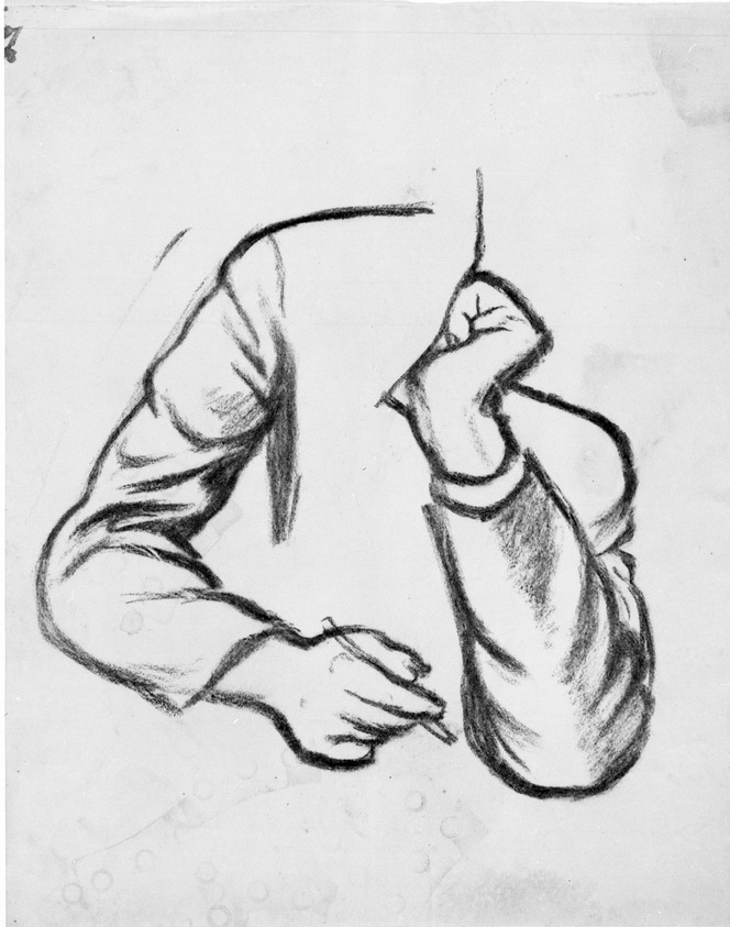 James Brooks (American, 1906-1992). <em>[Untitled] (Arms of a Seated Man Writing)</em>, n.d. Charcoal on paper, Sheet: 17 15/16 x 14 3/16 in. (45.6 x 36 cm). Brooklyn Museum, Gift of Charlotte Park Brooks in memory of her husband, James David Brooks, 1996.54.46. © artist or artist's estate (Photo: Brooklyn Museum, 1996.54.46_bw.jpg)