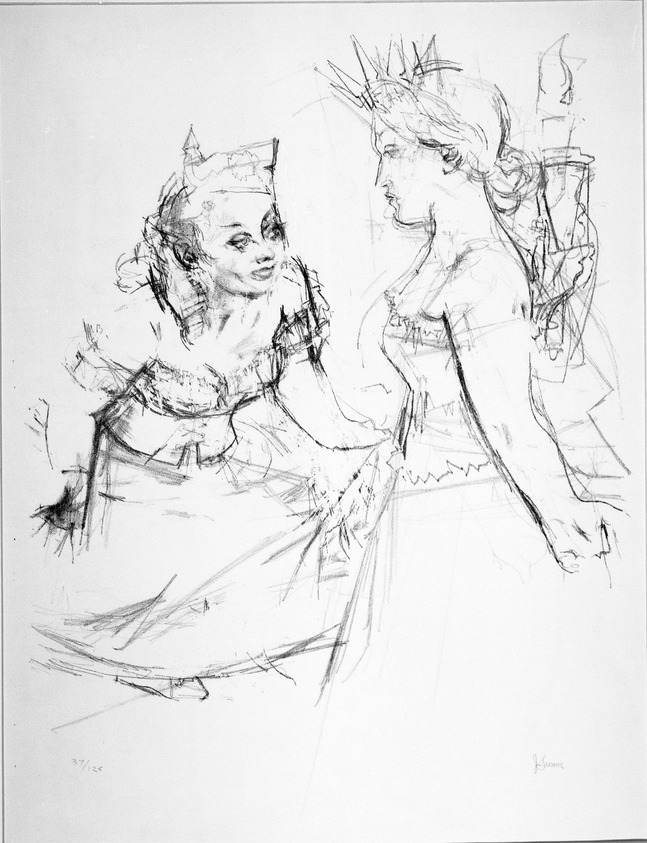 Jack Levine (American, 1915-2010). <em>Marianne and the Goddess of Liberty</em>, 1967. Lithograph on Arches paper, Plate: 27 x 21 in. (68.6 x 53.3 cm). Brooklyn Museum, Gift of Peter Blum, 1997.194.16. © artist or artist's estate (Photo: Brooklyn Museum, 1997.194.16_bw.jpg)