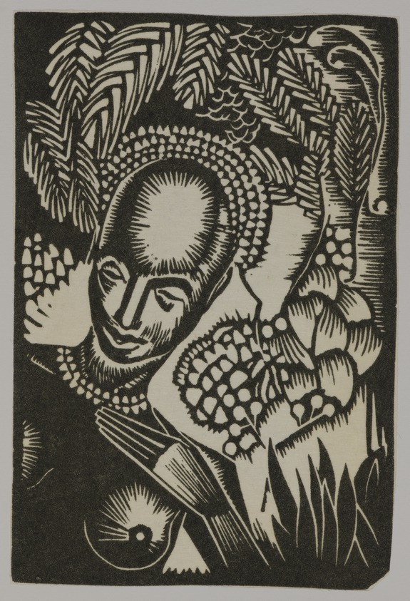 Hale Woodruff (American, 1900–1980). <em>African Headdress</em>, Printed 1996. Linocut on chine-colle, on Thai Mulberry paper, Sheet: 18 15/16 x 15 1/16 in. (48.1 x 38.3 cm). Brooklyn Museum, Gift of JoAnne W. Carter, E. Thomas Williams, Jr., Thea Williams Girigorie, in memory of their parents, Edgar Thomas Williams and Elnora Bing Williams Morris, 1997.43.1. © artist or artist's estate (Photo: Brooklyn Museum, 1997.43.1_PS20.jpg)