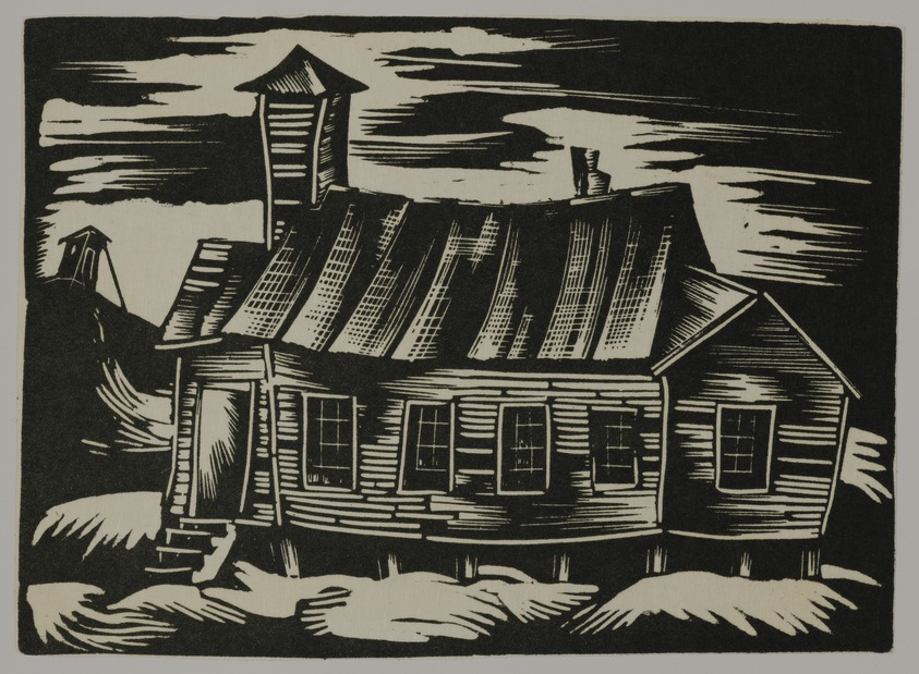 Hale Woodruff (American, 1900–1980). <em>Old Church</em>, Printed 1996. Linocut on chine-colle, on Thai Mulberry paper, Sheet: 19 1/16 x 15 in. (48.4 x 38.1 cm). Brooklyn Museum, Gift of JoAnne W. Carter, E. Thomas Williams, Jr., Thea Williams Girigorie, in memory of their parents, Edgar Thomas Williams and Elnora Bing Williams Morris, 1997.43.2. © artist or artist's estate (Photo: Brooklyn Museum, 1997.43.2_PS20.jpg)