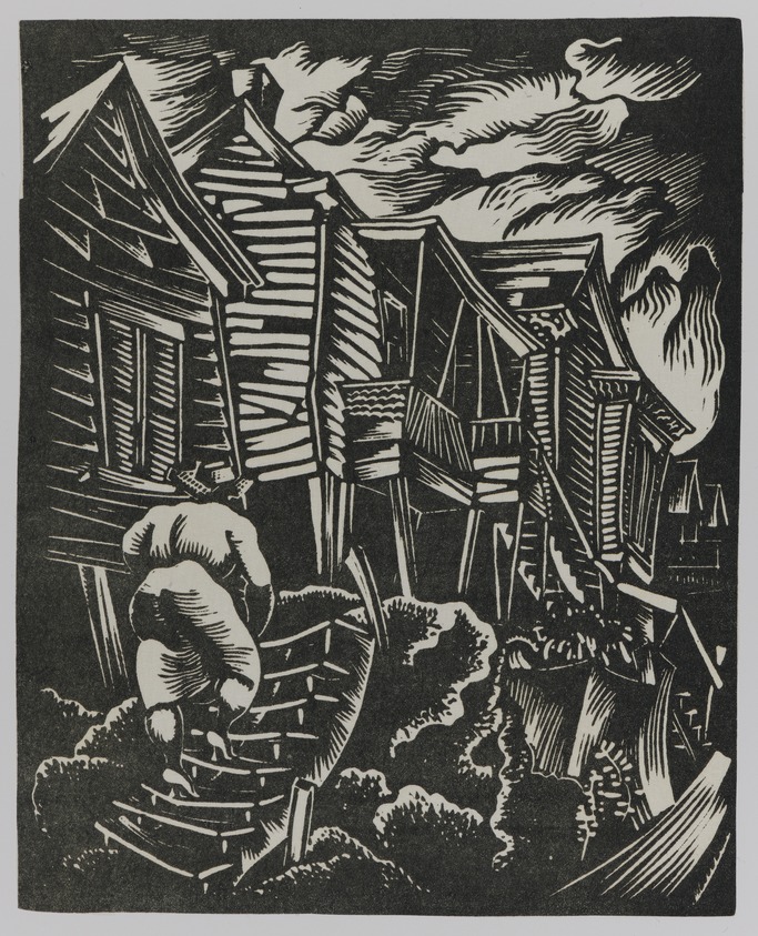 Hale Woodruff (American, 1900–1980). <em>Coming Home</em>, Printed 1996. Linocut on chine-colle affixed to Thai Mulberry paper, Sheet (overall): 19 1/8 x 15 1/16 in. (48.6 x 38.3 cm). Brooklyn Museum, Gift of JoAnne W. Carter, E. Thomas Williams, Jr., Thea Williams Girigorie, in memory of their parents, Edgar Thomas Williams and Elnora Bing Williams Morris, 1997.43.3. © artist or artist's estate (Photo: Brooklyn Museum, 1997.43.3_PS20.jpg)