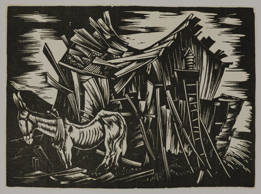 Hale Woodruff (American, 1900–1980). <em>Relics</em>, Printed 1996. Linocut on chine-colle, on Thai Mulberry paper, Sheet: 18 15/16 x 15 in. (48.1 x 38.1 cm). Brooklyn Museum, Gift of JoAnne W. Carter, E. Thomas Williams, Jr., Thea Williams Girigorie, in memory of their parents, Edgar Thomas Williams and Elnora Bing Williams Morris, 1997.43.4. © artist or artist's estate (Photo: Brooklyn Museum, 1997.43.4_PS20.jpg)