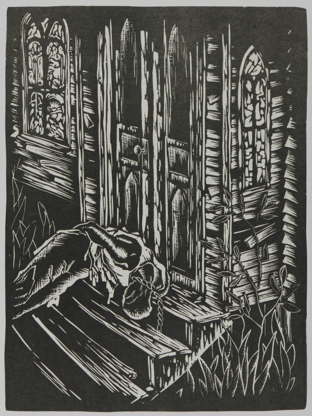 Hale Woodruff (American, 1900-1980). <em>By Parties Unknown</em>, Printed 1996. Linocut on chine-colle affixed to Thai Mulberry paper, Sheet (overall): 19 1/8 x 14 15/16 in. (48.6 x 37.9 cm). Brooklyn Museum, Gift of JoAnne W. Carter, E. Thomas Williams, Jr., Thea Williams Girigorie, in memory of their parents, Edgar Thomas Williams and Elnora Bing Williams Morris, 1997.43.5. © artist or artist's estate (Photo: Brooklyn Museum, 1997.43.5_PS20.jpg)